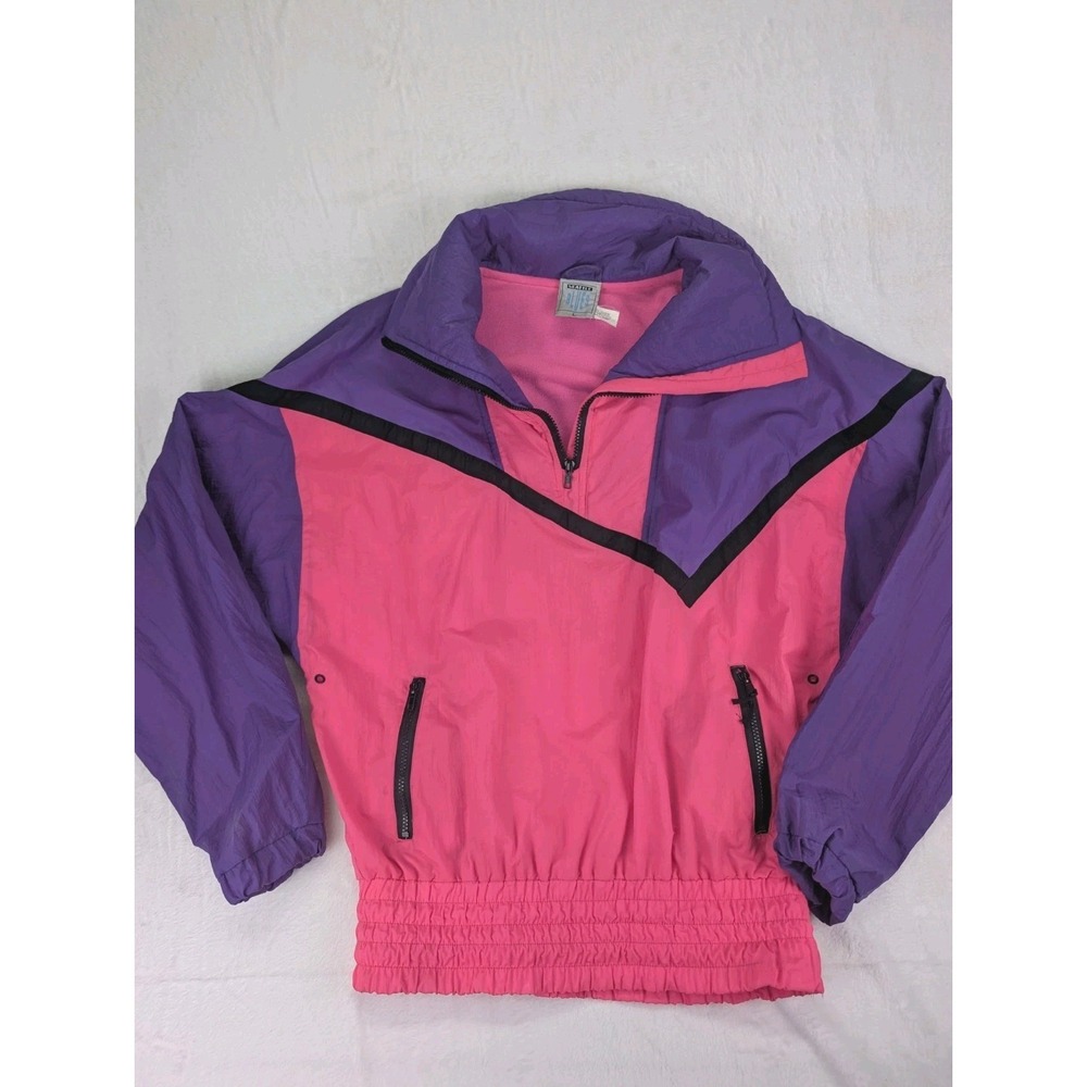 Vintage Neon Windbreaker Women Large 80s 90s Track Suit Jacket Nylon New Wave
